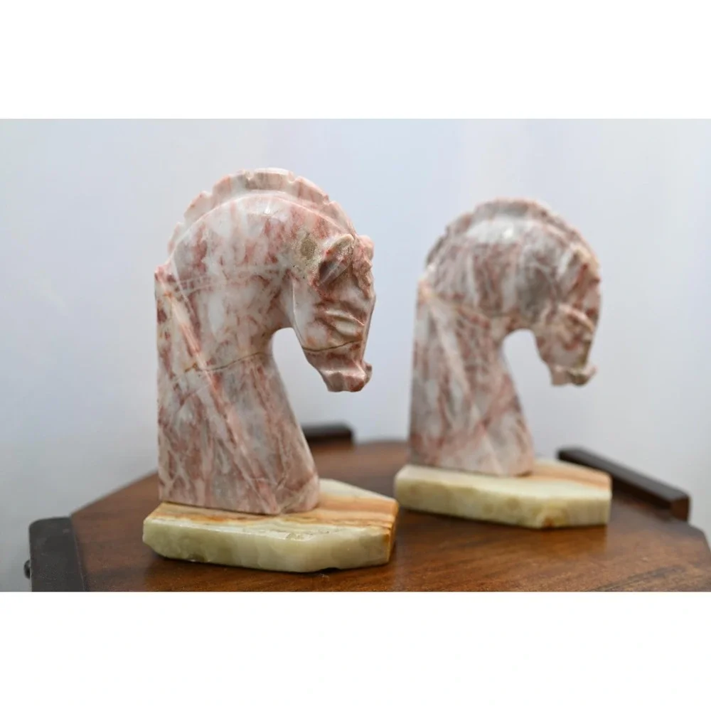 Vintage MCM Rosalia Pink Marble Trojan Horse Book Ends Set Of Two Mid Century